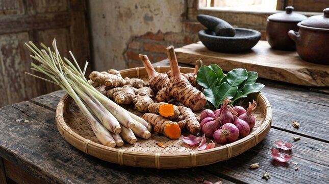 Fresh lemongrass surrounded by Indonesian spices on a bamboo tray, presenting an authentic tropical culinary ingredient collection.