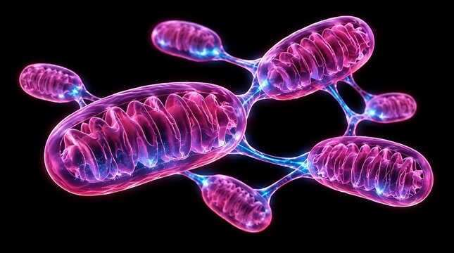 3D render of interconnected mitochondria organelles isolated on a black background.