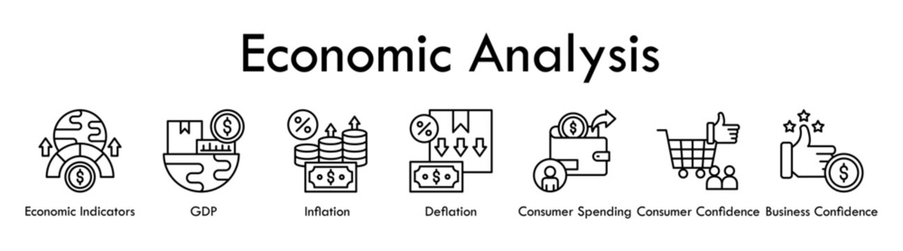 Economic Analysis banner web icon illustration concept with icon of economic indicators, GDP, inflation, deflation, consumer spending, consumer confidence, and business confidence