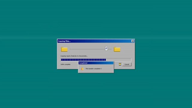 Retro Digital Interface Window Showing Data Vector Transfer Progress with Folder Icons on Teal Background