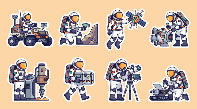 Colorful astronaut sticker vector collection featuring spacewalking explorers and planetary rovers working in space