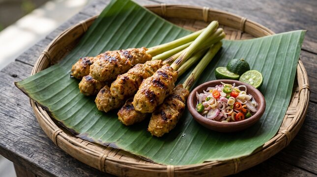 Balinese sate lilit presented on a banana leaf with sambal and lime. Suitable for culinary heritage articles, Bali tourism marketing, traditional food features, and cultural publications.