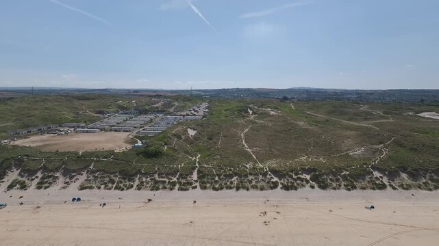 Hayle Beach and Hayle Estuary from drone, St Ives Bay, Cornwall, England, United Kingdom