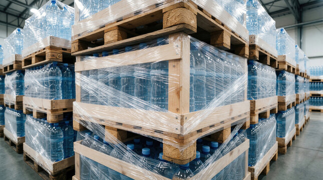 Large stacks of plastic water bottles packed in wooden crates. Pallets wrapped in clear stretch film sit in warehouse. Logistics team prepares bulk liquid shipment for transport. Supply chain