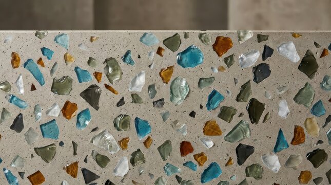 Recycled glass fragments embedded in a concrete surface textured detail