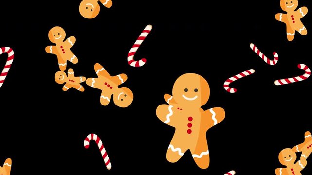 Gingerbread men cookies and candy canes Falling on Transparent Alpha Background Loop. Rain of Christmas elements. Christmas ornaments fall from above. Merry Christmas, New Year Pattern Background.