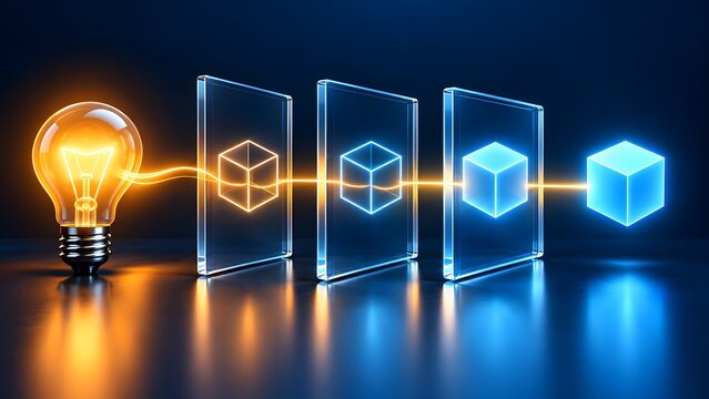 Product development process from lightbulb idea passing through digital glass panels to a solid glowing 3d cube