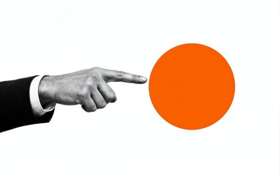 Hand in suit points at vibrant orange circle against stark white background.