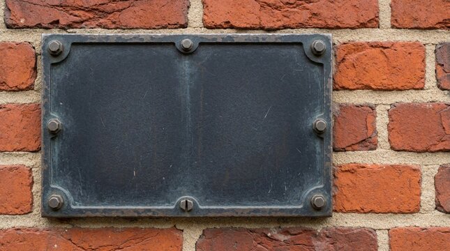 Blank dark grey metal plaque mounted on red brick wall with bolts. Empty rectangular nameplate features weathered texture, raised border. Industrial sign plate sits on old masonry surface for