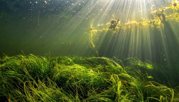 Vibrant underwater seagrass beds illuminated by golden sunbeams filtering through clear water