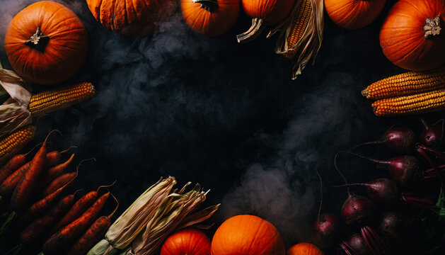 Autumnal Harvest Food Background with Pumpkins Corn and Vegetables on Dark Smoky Backdrop with Central Copy Space