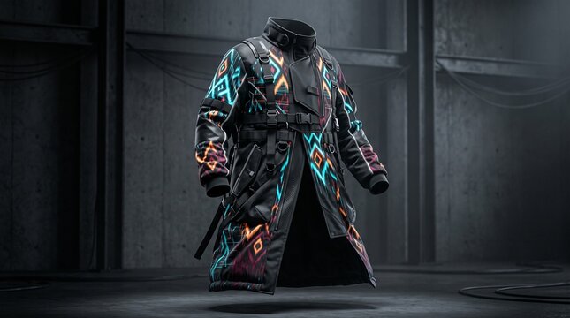 Futuristic neon ikat-inspired techwear coat combining Indonesian textile patterns, technical fabric, luminous accents and modular cyber-fashion details.