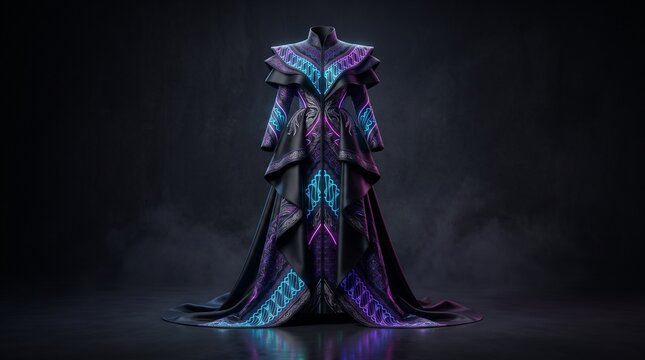 Futuristic neon batik couture featuring luminous geometric patterns on luxurious black silk, blending Indonesian textile heritage with high-fashion technology.