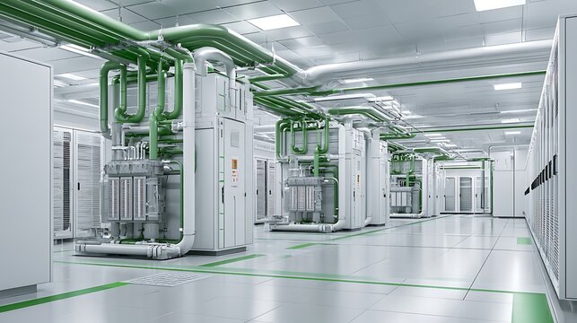 Sustainable artificial intelligence data center cooling infrastructure, bright modern server facility with efficient liquid cooling equipment,