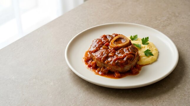 Delicious osso buco veal shank with creamy polenta served on a plate. 2 meatball