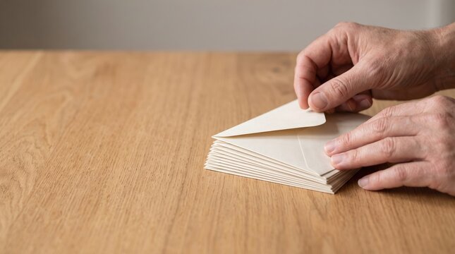 Close up of a person's hands carefully holding and opening a stack of cream-colored envelopes on a warm wooden table, preparing for a special mailing event with ample copy space