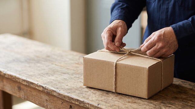 Close-up view of a person's hands carefully tying natural twine around a brown cardboard box placed on a rustic wooden table, preparing a package for shipping or a thoughtful gift.