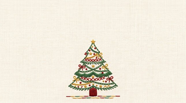 A Christmas greeting card illustration featuring a single evergreen tree formed from decorative embroidery-inspired stitches, tiny woven stars, red berry details, and simple ribbon loops. Position 