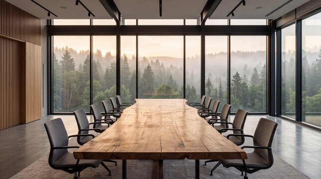 Modern Executive Boardroom with Wooden Table and Forest View