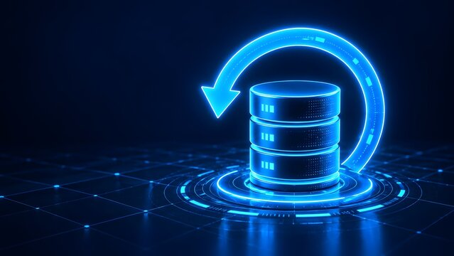 Glowing blue tiered database server with a large curved backward arrow symbolizing data rollback and system restoration