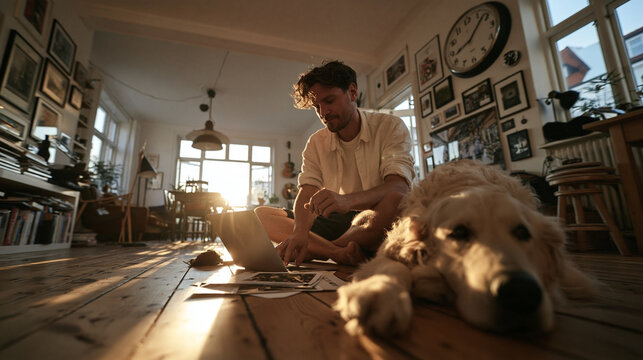 Young Man Working on Laptop at Home with Dog