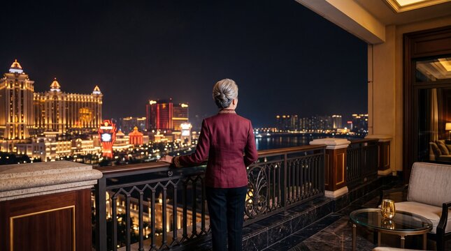 Female Hotel Manager Standing on Balcony Overlooking Illuminated Skyline