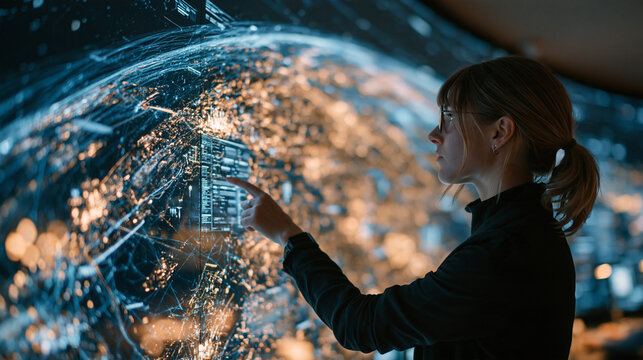 Woman Analyzing Big Data on Interactive Digital Screen