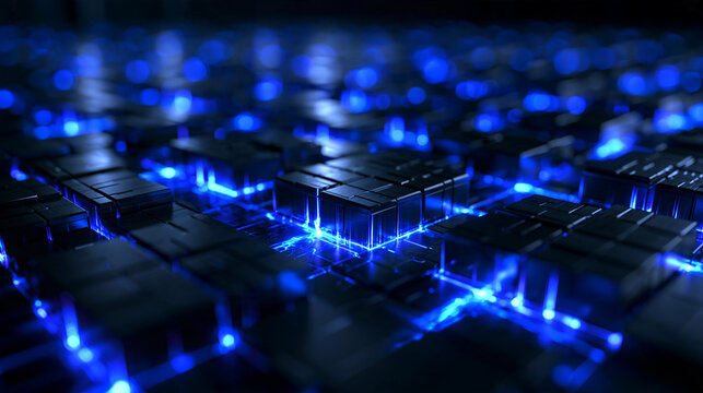 Digital Data Technology Background with Glowing Blue Circuit Cubes
