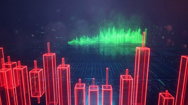 Financial Trading Candlestick Chart with Digital City Skyline