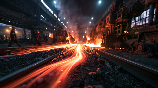 Molten Steel Flowing on Track in Heavy Industrial Plant