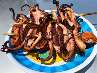 Grilled Octopus Tentacles Skewers Served on a Colorful Plate Outdoor © Chris Hio