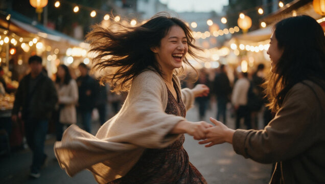 Joyful Young Asian Women Dancing at Night Market