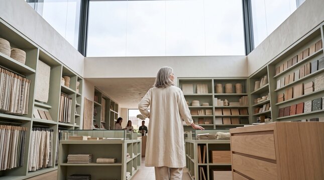 Mature Woman in Interior Design Showroom Choosing Materials