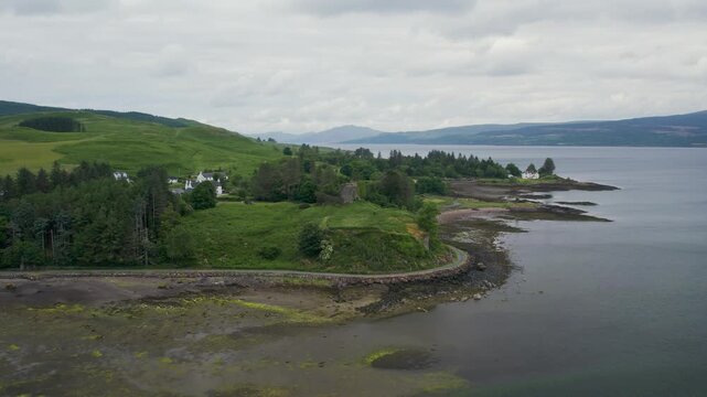 Salen Bay from a drone, Salen, Isle of Mull, Scotland, United Kingdom