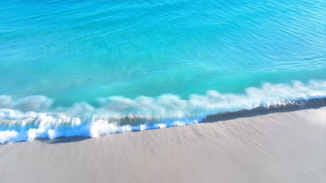 60 FPS Aerial top down turquoise shorebreak waves washing over pale sand beach