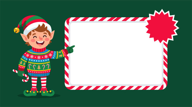 Christmas elf pointing at blank white banner with candy cane border on green background flat vector illustration