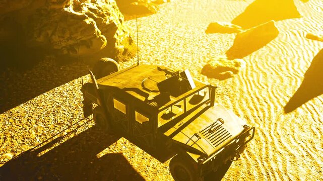 A weathered hummer stands in a sun drenched desert, surrounded by rocky terrain. Golden light casts long shadows, creating an atmospheric scene of adventure and exploration.