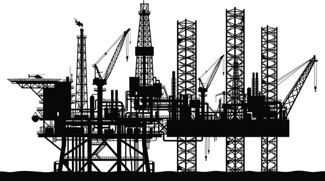 Detailed black silhouette of an offshore oil rig and drilling platform for industrial energy design