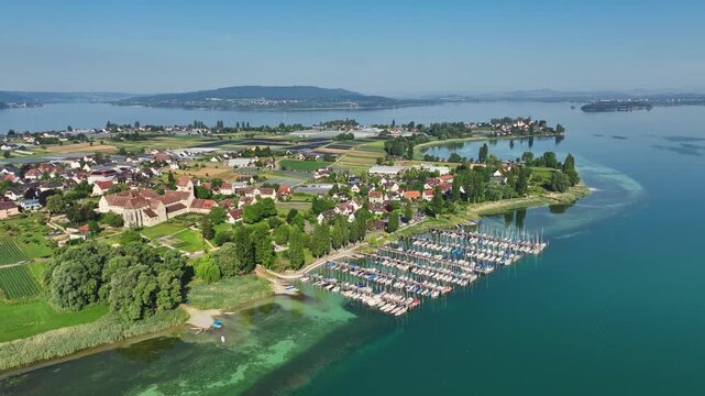Aerial view of the island of Reichenau, in western Lake Constance, Untersee, with the marina, pleasure boat harbour Herrenbruck, on the left the cathedral of St. Maria and Markus and the monastery, f