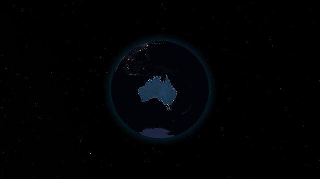 Australia night globe. City lights, zoom, spin, outline glow, pullback, ring reveal for Australia. Elements of the animation furnished by NASA.