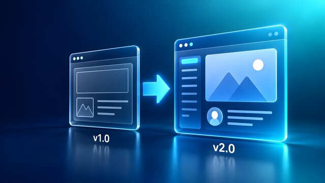 Glowing glass web browser windows showing software version upgrade from v1.0 to v2.0 with improved user interface