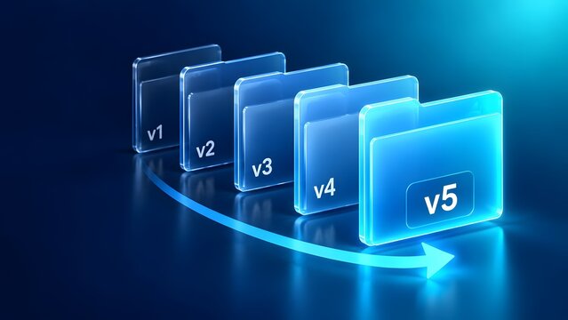 Sequence of glowing glass folders showing version progression from v1 to v5 representing digital archiving and data management