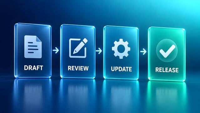Glowing glass panels displaying business workflow process from initial document draft through review update and final release