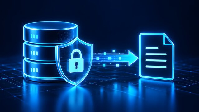 Glowing blue database server with security shield and padlock exporting encrypted digital data to a document file