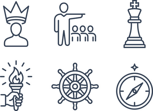 Business Leadership and Success Strategy Line Icon Set with King Crown, Leader Mentor, Chess Piece, Torch, Helm Wheel, and Navigation Compass Symbols