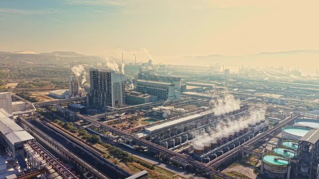 Steam rises from cooling towers and stacks at a power plant beside an urban area, with roads and hills visible in the distance during daylight.