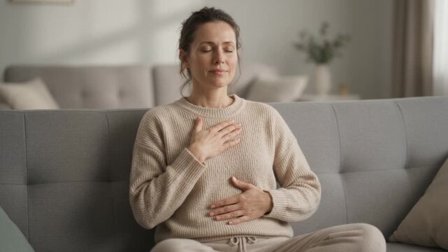 Person Practicing Mindful Breathing With Hand on Chest