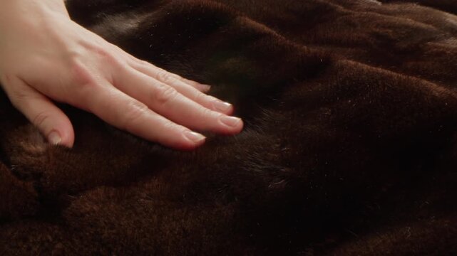 Hand touching soft faux fur texture, luxury winter coat, artificial jacket, texture textile close up. 