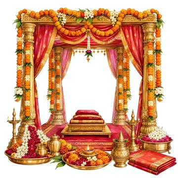 Hindu Wedding Mandap with Marigold Garlands and Red Silk