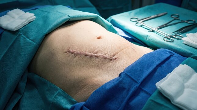 Close up of a surgical incision scar on a patient s abdomen after major abdominal surgery in an operating room setting with medical instruments and sterile blue drapes